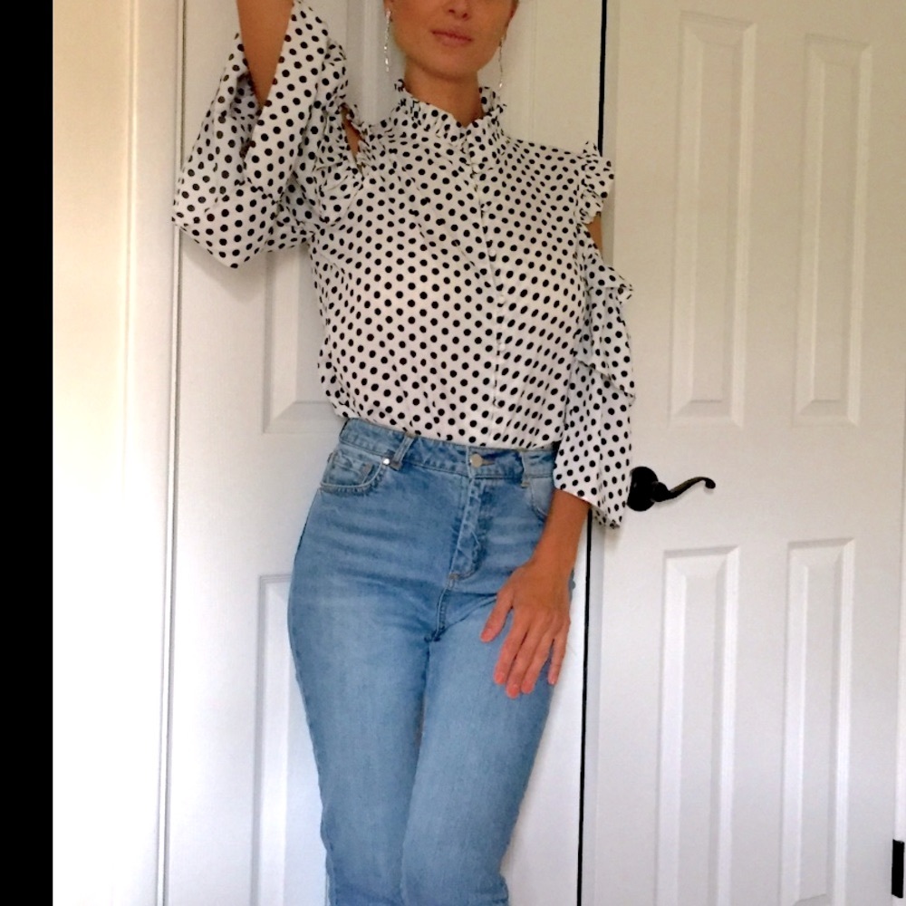 NWT Walter Baker Blue Polka Dot Open Shoulders Blouse / Top